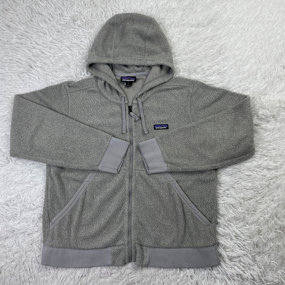 Patagonia Sweater Womens Medium Salt Gray Shearling Hoody Full Zip Fleece Pocket